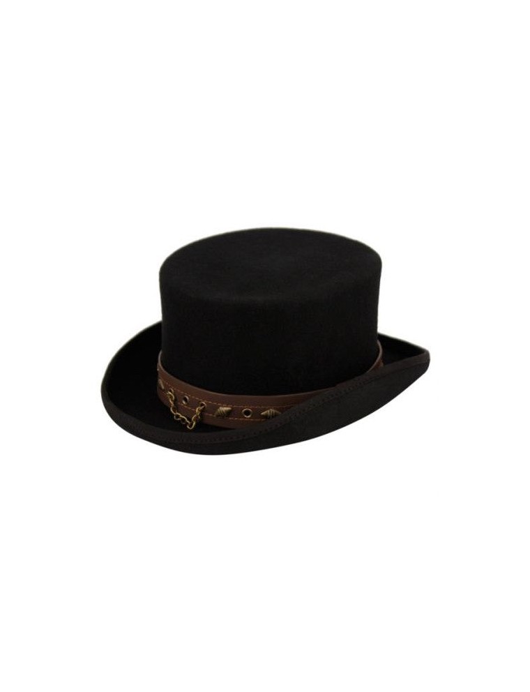 Value Edition Chapeau haut de forme Steampunk à couronne basse avec bande et chaîne en PU HE62