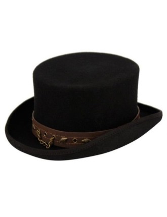 Value Edition Chapeau haut de forme Steampunk à couronne basse avec bande et chaîne en PU HE62