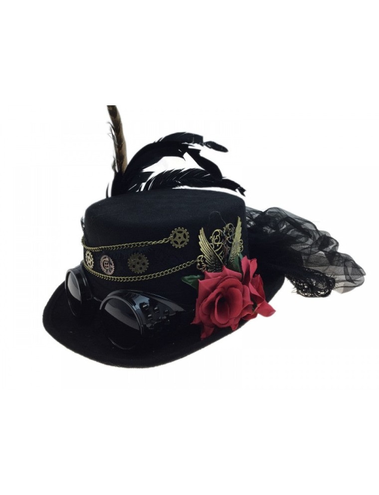 Value Edition Chapeau Steampunk avec lunettes, fleurs et plumes