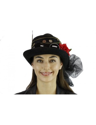 Value Edition Chapeau Steampunk avec lunettes, fleurs et plumes