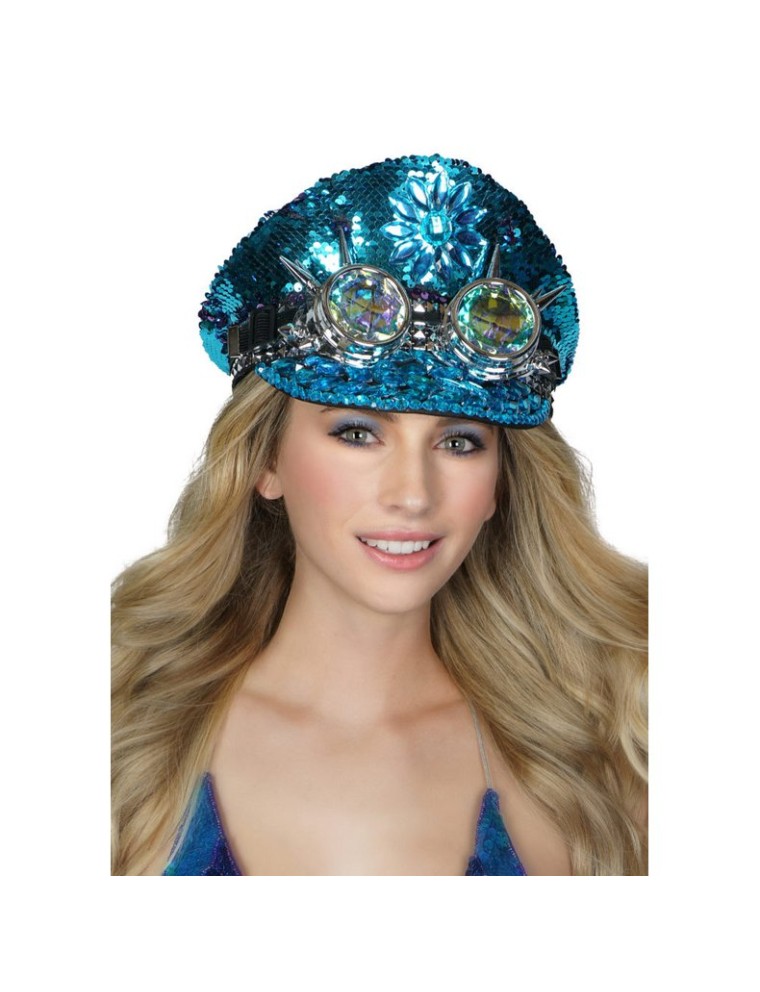 Value Edition CHAPEAU à paillettes STEAMPUNK avec lunettes-Turquoise/Violet