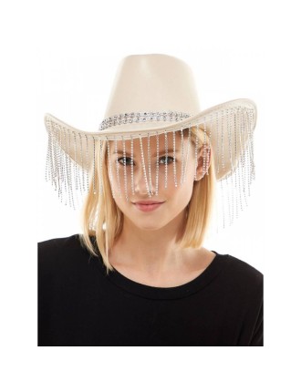 Value Edition Chapeau de cowboy en cuir avec pompons en strass